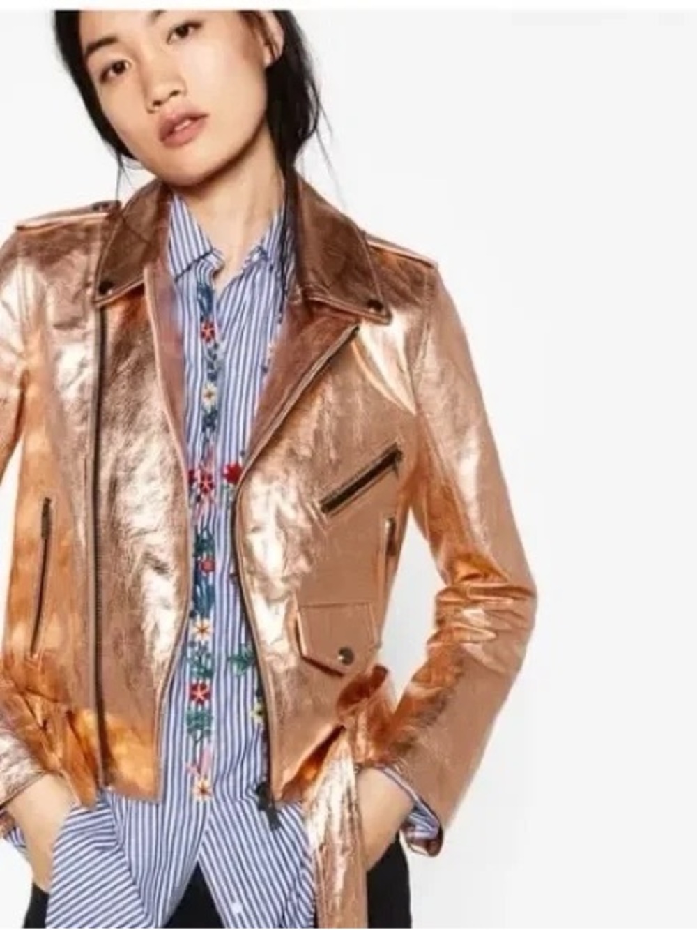 Zara Woman Metallic Rose Gold 100% Leather Jacket.